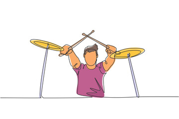 Poster - One single line drawing of young male drummer crossing the drumstick while playing drum set on music festival stage. Musician artist performance concept continuous line draw design vector illustration