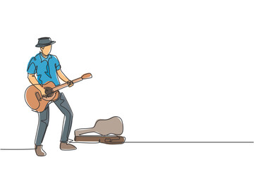 Poster - One continuous line drawing of young happy male guitarist standing and busking by playing guitar on city road. Street musician artist performance concept single line draw design vector illustration