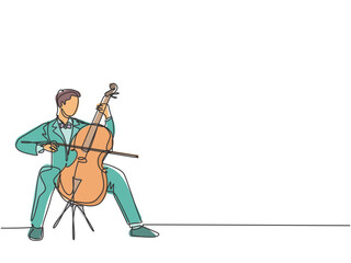 Poster - One single line drawing of young happy male cellist performing to play cello on classical orchestra concert. Musician artist performance concept continuous line graphic draw design vector illustration