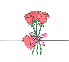 Poster - one single line drawing of beautiful rose flower bouquets with heart shape greeting card. trendy inv