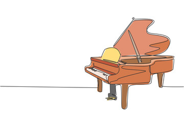 Poster - One single line drawing of luxury wooden grand piano. Modern classical music instruments concept continuous line draw design vector illustration graphic