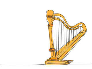 Poster - One single line drawing of elegant classical harp. Stringed music instruments concept. Modern continuous line draw design graphic vector illustration