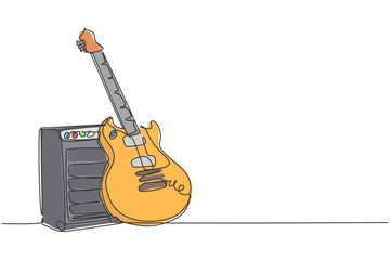 Poster - One single line drawing of electric guitar with amplifier. Stringed music instruments concept. Trendy continuous line draw graphic design vector illustration
