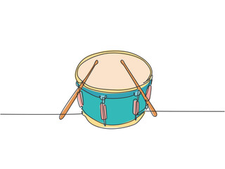Poster - One single line drawing of little drum with drum sticks. Percussion music instruments concept. Dynamic continuous line draw design graphic vector illustration