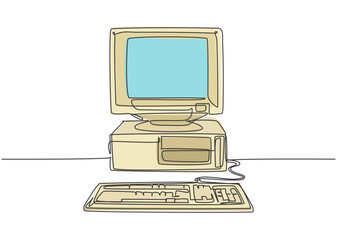 Fototapete - Single continuous line drawing of retro old classic personal computer processor unit. Vintage cpu with analog monitor and keyboard item concept one line draw graphic design vector illustration