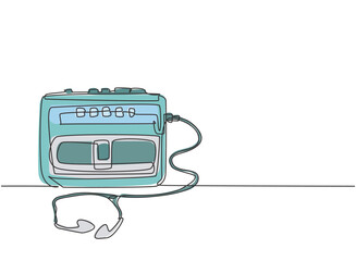 Poster - One single line drawing of retro old classic portable radio tape with earphone. Vintage mobile cassette player item concept continuous line draw design graphic vector illustration