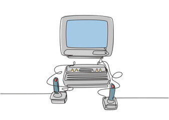 Poster - One single line drawing set of retro old classic arcade video game player with joystick. Vintage console game item concept continuous line draw design vector graphic illustration