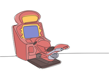 Fototapete - One continuous line drawing of retro old classic motorcycle racing video game machine. Vintage arcade game item concept single line draw design vector illustration graphic