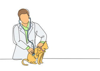 Wall Mural - Single continuous line drawing of young male veterinarian examining and take care of a sick cat because of a bacteria. Pet health care service concept one line draw design vector illustration