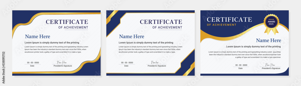 Blue and gold certificate of achievement template set with gold badge ...