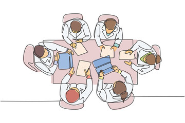 Sticker - Single continuous single line drawing team of doctors held a conference at meeting room to discuss the hospital work programs, top view. Medical care concept one line draw design vector illustration