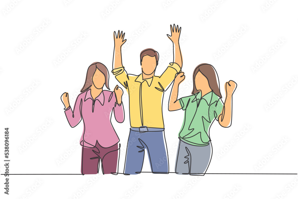 Single continuous line drawing of young happy female and male workers ...