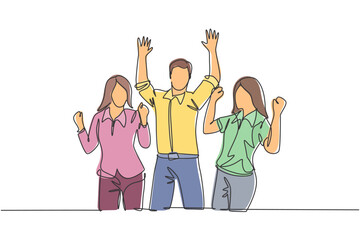 Poster - single continuous line drawing of young happy female and male workers prancing with joy at the offic