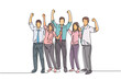 One single line drawing group of young happy male and female workers jumping in the office room together. Business teamwork celebration concept continuous line draw design vector illustration graphic