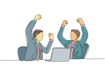 Poster - one continuous line drawing of two young businessman raise their hands up to the sky after watching 