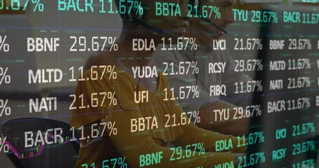 Poster - Animation of financial data processing over business people using computer
