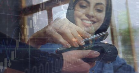 Poster - Animation of financial data processing over people using smartphone and payment terminal