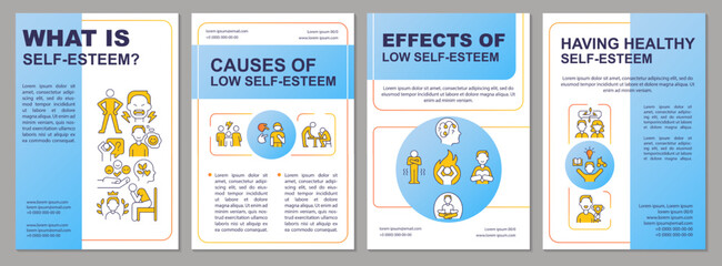 Healthy self esteem blue brochure template. Psychology. Leaflet design with linear icons. Editable 4 vector layouts for presentation, annual reports. Arial, Myriad Pro-Regular fonts used