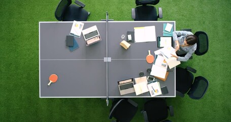 Aufkleber - Top view, digital marketing or business woman on table tennis desk with seo laptop, ux tablet or infographic documents. Modern office, worker or employee with technology or paper in kpi data analysis