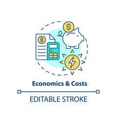 Economics and costs of home renewable energy concept icon. Alternative power finance abstract idea thin line illustration. Isolated outline drawing. Editable stroke. Arial, Myriad Pro-Bold fonts used