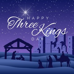 Composition of three kings day text over nativity