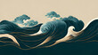Japanese illustration of great ocean waves as wallpaper. Old texture. Generative AI.