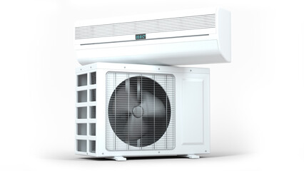 Air conditioner outdoor and indoor unit isolated on white. Turned on operating. In motion. Clipping path included! Original 3D render.