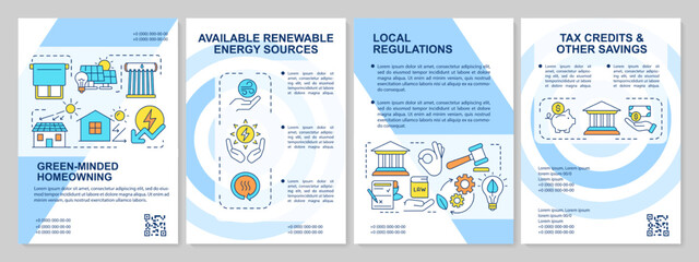 Renewable energy at home blue brochure template. Eco power. Leaflet design with linear icons. Editable 4 vector layouts for presentation, annual reports. Arial, Myriad Pro-Regular fonts used