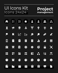 Wall Mural - Project management white glyph ui icons kit for dark mode. Silhouette symbols on black background. Solid pictograms for web, mobile. Vector isolated illustrations. Poppins font used