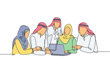 One continuous line drawing group of young muslim marketing managers talking strategy to increase product sales. Islamic clothing kandura, scarf, hijab. Single line draw design vector illustration