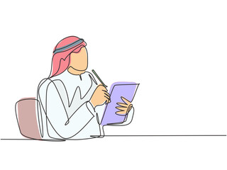 Poster - one single line drawing of young serious muslim businessman thinking about progress of company. saud
