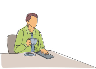 Poster - one continuous line drawing of young happy manager thinking about business idea while take a drink a