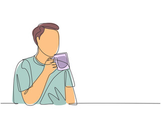 Poster - One single line drawing of young happy casual man enjoying a mug of great taste hot chocolate drink at break. Drinking coffee or tea concept continuous line draw symbol design vector illustration