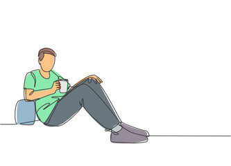 Poster - One continuous line drawing of young happy business man take a rest by lying down at sofa couch while holding mug of coffee. Drinking or tea concept single line draw sign design vector illustration