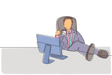 Fototapete - Single continuous line drawing of young happy business man analyzing annual report at computer screen while take a break at office. Drinking coffee concept one line draw design vector illustration