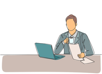 Sticker - One continuous line drawing of young happy manager reading annual report from public accounting firm while holding a mug of coffee. Drinking coffee or tea concept graphic design vector illustration