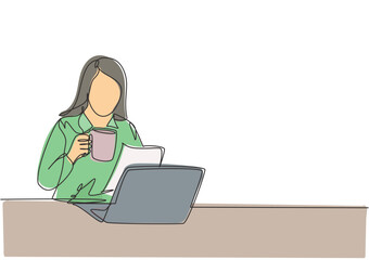Fototapete - Single continuous line drawing of young female manager reviewing annual report paper while holding a cup of coffee drink. Drinking coffee or tea concept one line draw design vector illustration