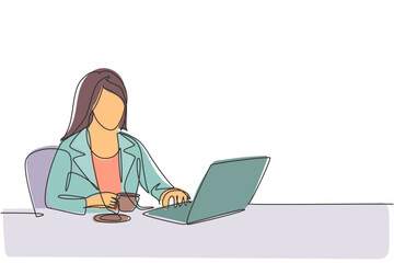 Fototapete - Single continuous line drawing of young businesswoman typing business ideas draft on laptop while holding a cup coffee at office. Drinking tea concept one line draw graphic vector design illustration
