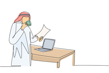 Poster - Single continuous line drawing of young muslim businessman reading business annual report. Saudi Arabian male with shmag, kandora, headscarf, thobe, ghutra. One line draw design illustration
