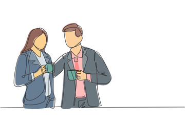 Wall Mural - One single line drawing of young male and female office workers pose together while holding a cup of coffee. Work office life concept. Continuous line draw design vector illustration