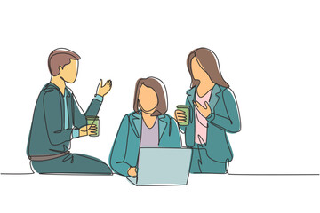 Poster - One single line drawing of young male and female human resource managers discussing about recruiting new team member workers. Continuous line draw design vector graphic illustration