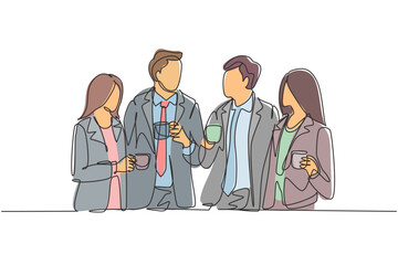 Poster - one single line drawing of young male and female office employees discussion together while office b