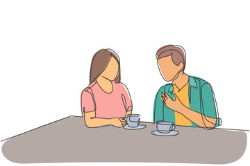 Poster - single continuous line drawing of young happy male and female couple doing romantic date and dinner 