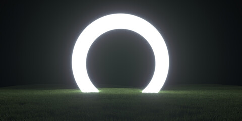 Wall Mural - Abstract realistic 3d illustration. Creative modern surreal ambient panoramic background. Night landscape with grass field and neon light circle form, arc, portal or gate. Minimal fantasy art render.