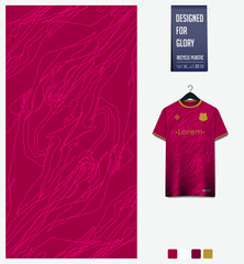 Soccer jersey pattern design. Chaotic line pattern on red background for soccer kit, football kit, sports uniform. T shirt mockup template. Fabric pattern. Abstract background. 