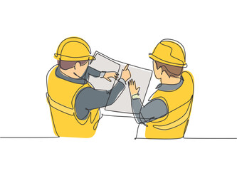 Poster - one continuous line drawing of young architect meeting at construction site to talk blueprint design