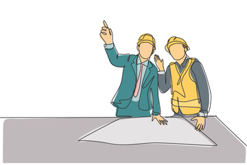 Poster - single continuous line drawing of young construction manager giving instruction to builder coordinat