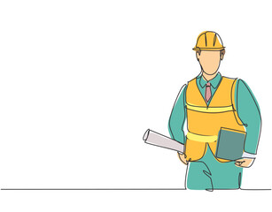 Poster - one single line drawing of young architect holding draft blueprint design roll paper and a clipboard
