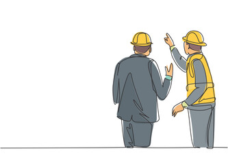 Poster - single continuous line drawing of young foreman construction builder meeting with business owner tal