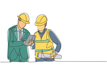Poster - one single line drawing of young construction manager do short brief to builder coordinator. buildin